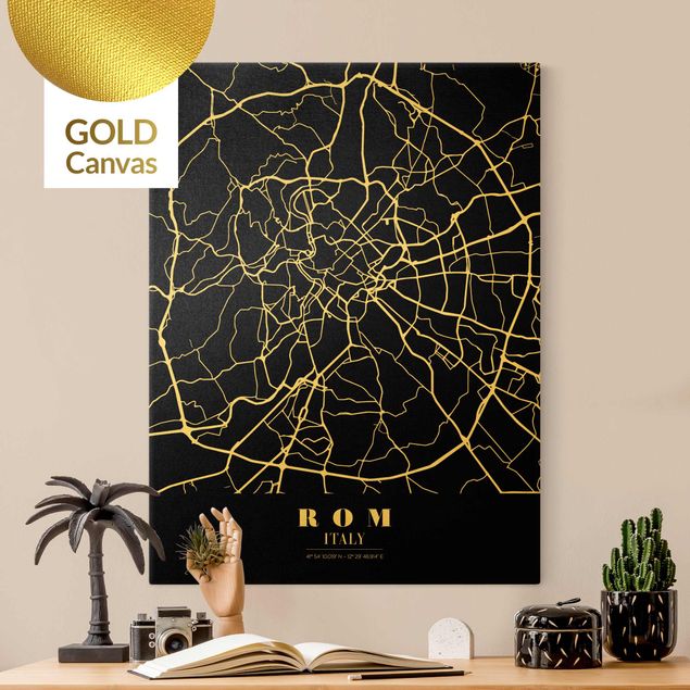 Leinwandbild Gold - Stadtplan Rom - Klassik Schwarz - Hochformat 3:4