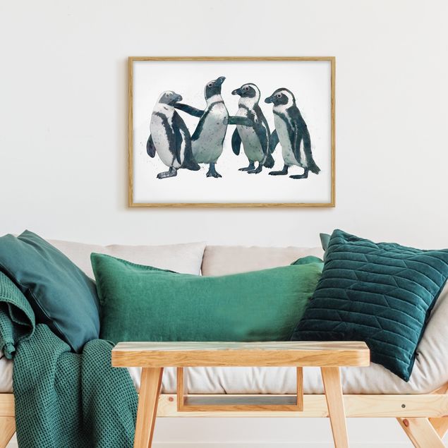 Vintage Bilder mit Rahmen Illustration Pinguine Schwarz Weiß Aquarell