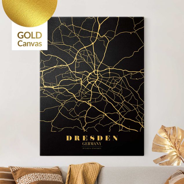 Leinwandbild Gold - Stadtplan Dresden - Klassik Schwarz - Hochformat 3:4