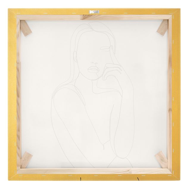 Leinwandbild Gold - Line Art Nachdenkliche Frau Schwarz Weiß - Quadrat
