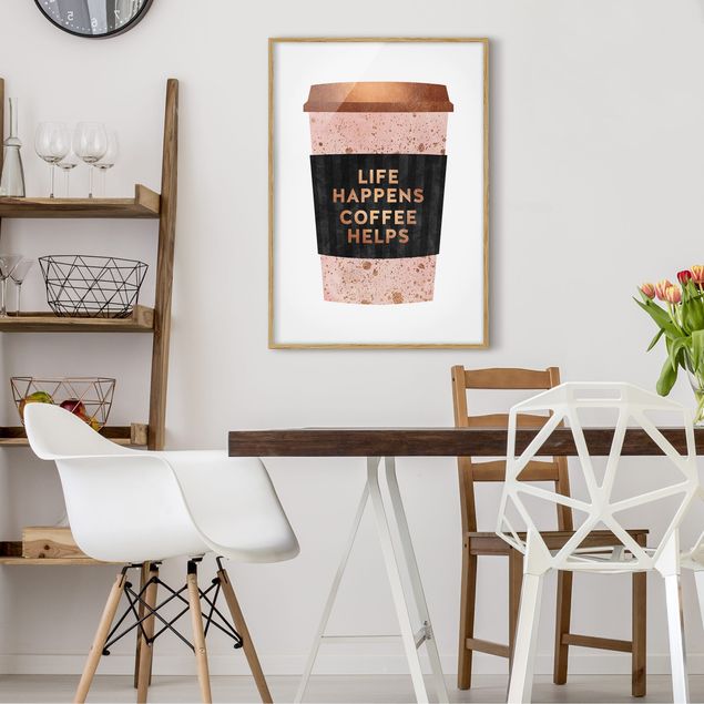 Sprüche Bilder mit Rahmen Life Happens Coffee Helps Gold