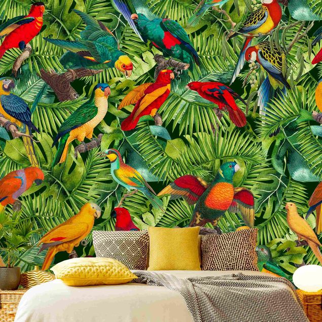Fototapete Natur Bunte Collage - Papageien im Dschungel