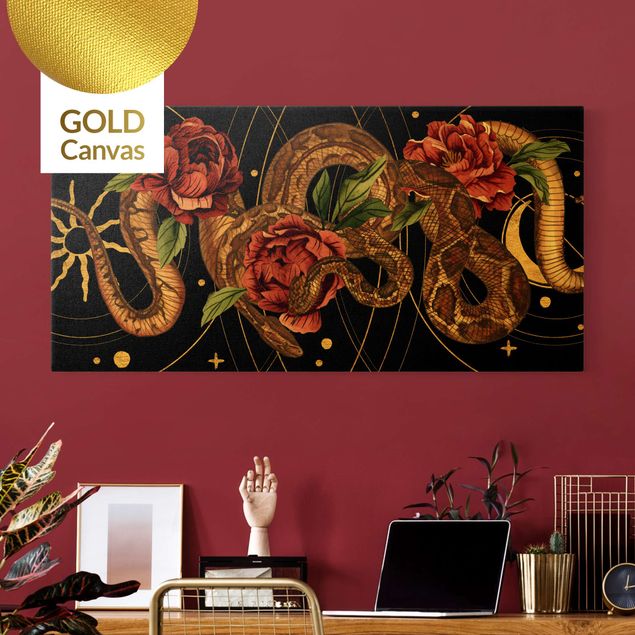Leinwandbild Gold - Schlangen mit Rosen vor Schwarz und Gold I - Querformat 2:1