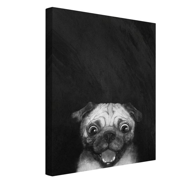Leinwandbild - Illustration Hund Mops Malerei auf Schwarz Weiß - Hochformat 4:3