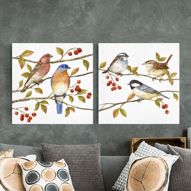Leinwandbild Vögel Vögel und Beeren Set I