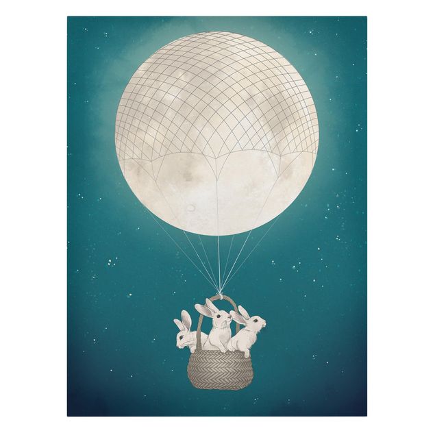 schöne Leinwandbilder Illustration Hasen Mond-Heißluftballon Sternenhimmel