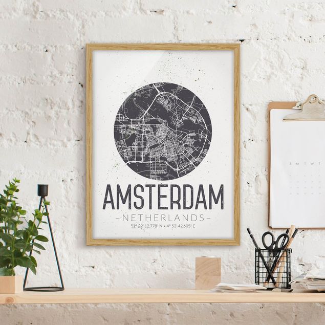 Sprüche Bilder mit Rahmen Stadtplan Amsterdam - Retro