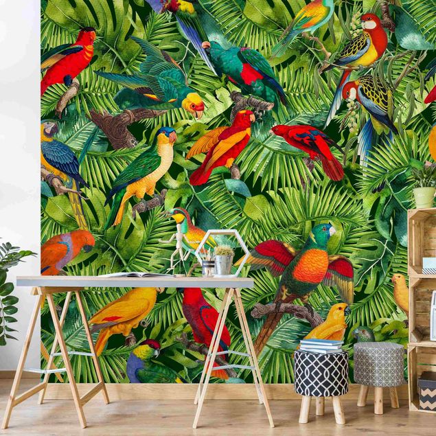 Design Tapeten Bunte Collage - Papageien im Dschungel