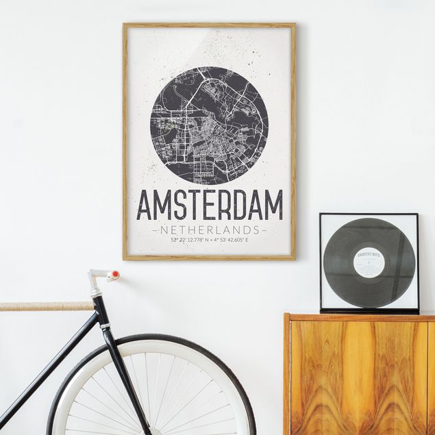 Moderne Bilder mit Rahmen Stadtplan Amsterdam - Retro