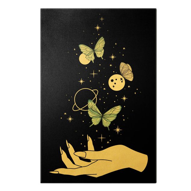 Leinwandbild Gold - Zaubernde Hand - Schmetterlinge und Planeten - Hochformat 3:2