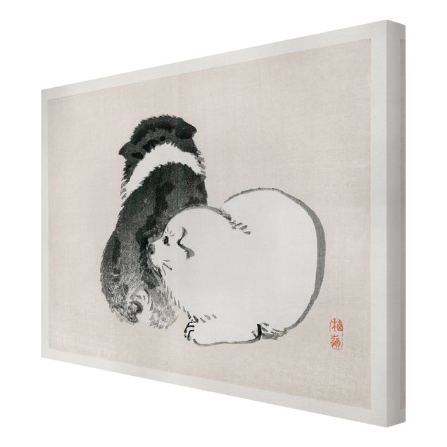 Leinwandbild - Asiatische Vintage Zeichnung Schwarze und weiße Hündchen - Querformat 3:4