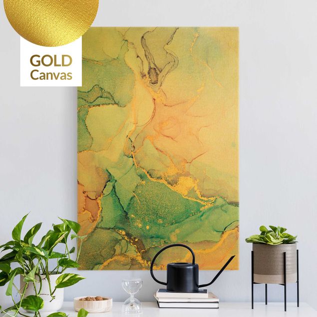 Leinwandbild Gold - Aquarell Pastell Bunt mit Gold - Hochformat 2:3