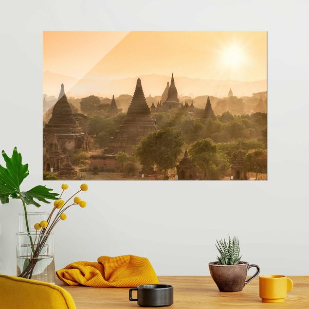 Glasbild - Sonnenuntergang über Bagan - Querformat 3:2