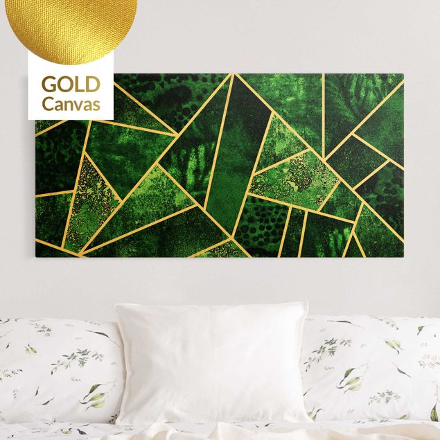 Leinwandbild Gold - Elisabeth Fredriksson - Goldene Geometrie - Dunkler Smaragd - Querformat 1:2