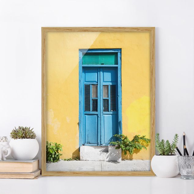 Moderne Bilder mit Rahmen Bunte Wand blaue Tür