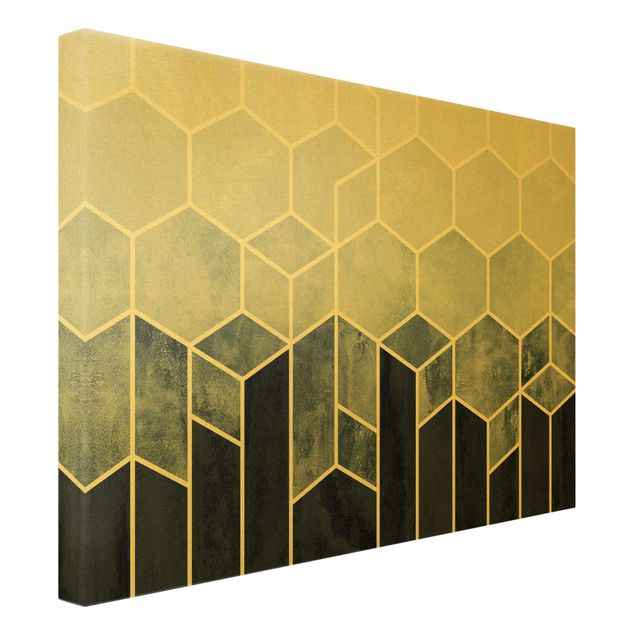 Leinwandbild Gold - Elisabeth Fredriksson - Goldene Geometrie - Sechsecke Blau Weiß - Querformat 3:4