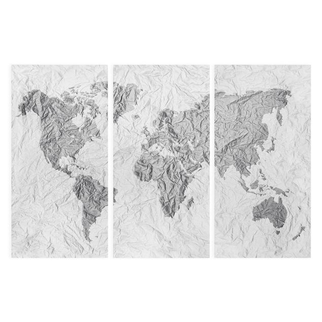 Leinwandbild 3-teilig - Papier Weltkarte Weiß Grau - Hoch 1:2