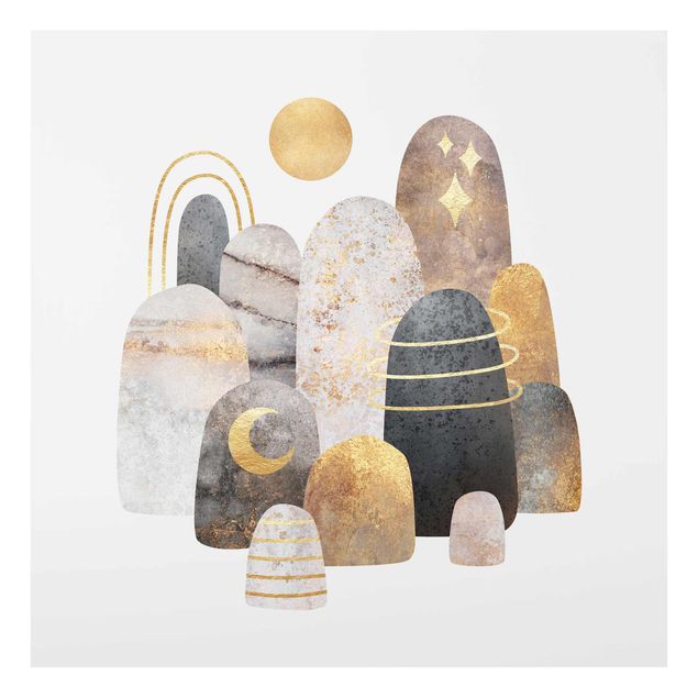 Glasbild - Elisabeth Fredriksson - Gold Berge mit Mond - Quadrat 1:1