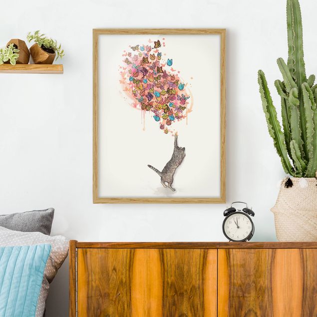 Moderne Bilder mit Rahmen Illustration Katze mit bunten Schmetterlingen Malerei