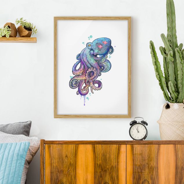 Tiere Bilder mit Rahmen Illustration Oktopus Violett Türkis Malerei