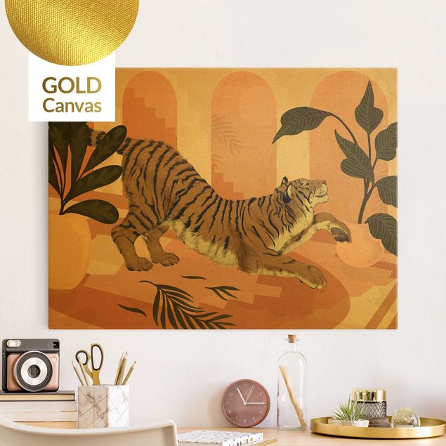 Leinwandbild Gold - Laura Graves - Illustration Tiger in Pastell Rosa Malerei - Querformat 3:4