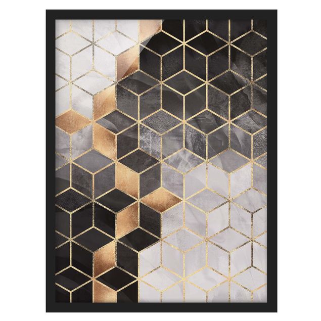 Bild mit Rahmen - Schwarz Weiß goldene Geometrie - Hochformat 4:3