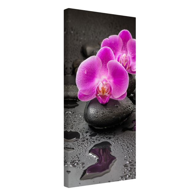 Leinwandbild - Pinke Orchideenblüten auf Steinen mit Tropfen - Hochformat 2:1