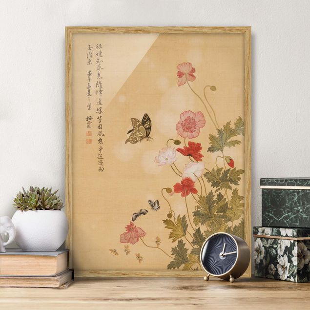 Kunstdrucke mit Rahmen Yuanyu Ma - Mohnblumen und Schmetterlinge