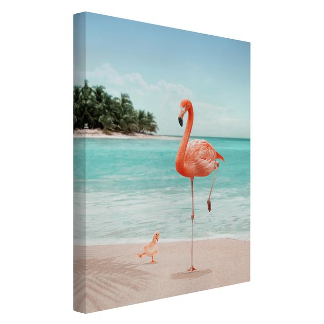 Leinwandbild - Jonas Loose - Strand mit Flamingo - Hochformat 3:2