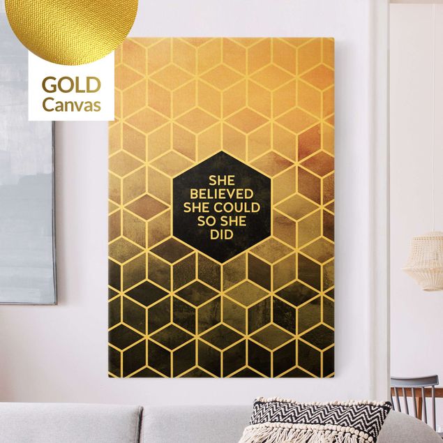 Leinwandbild Gold - Elisabeth Fredriksson - Goldene Geometrie - She Believed She Could - Hochformat 3:2