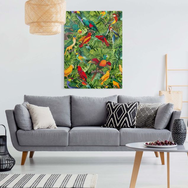 Blumenbilder auf Leinwand Bunte Collage - Papageien im Dschungel