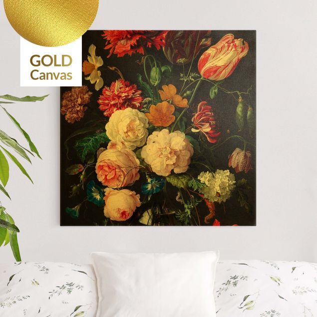 Leinwandbild Gold - Jan Davidsz de Heem - Stillleben mit Blumen in einer Glasvase - Quadrat