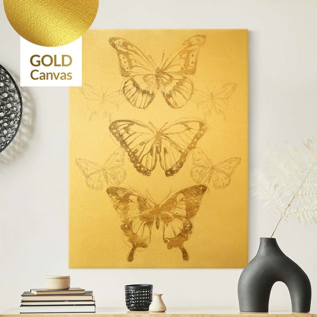 Leinwandbild Gold - Schmetterlingskomposition in Gold II - Hochformat 3:4