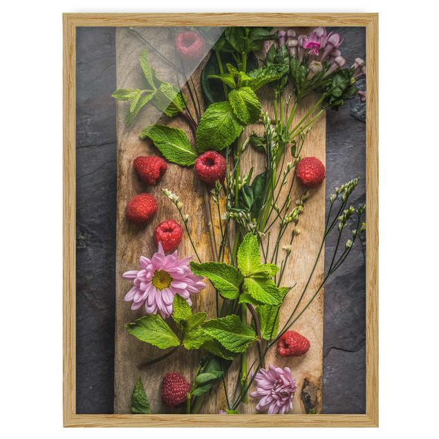 Bilder mit Rahmen Blumen Himbeeren Minze