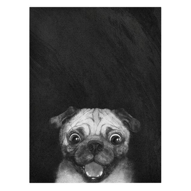 Leinwandbild - Illustration Hund Mops Malerei auf Schwarz Weiß - Hochformat 4:3