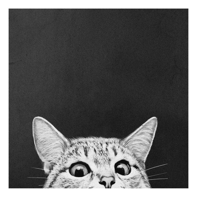 Glasbild - Illustration Katze Schwarz Weiß Zeichnung - Quadrat 1:1