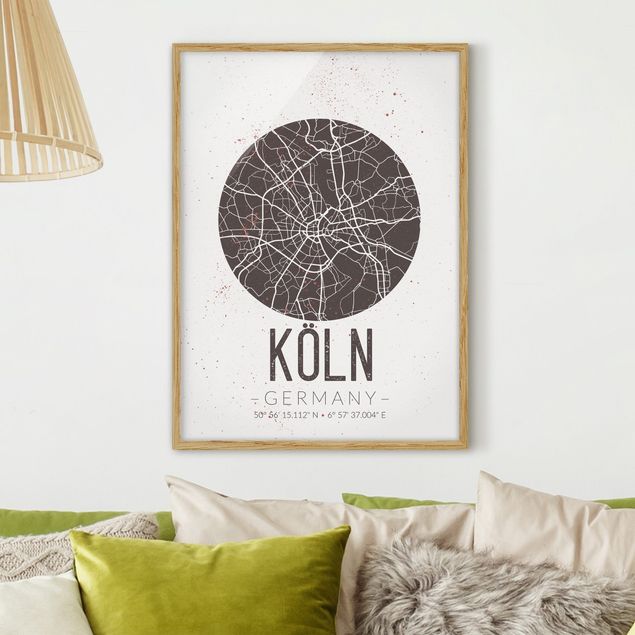 Moderne Bilder mit Rahmen Stadtplan Köln - Retro