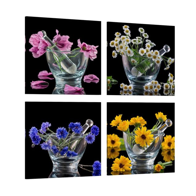 Leinwandbild 4-teilig - Blumen im Mörser