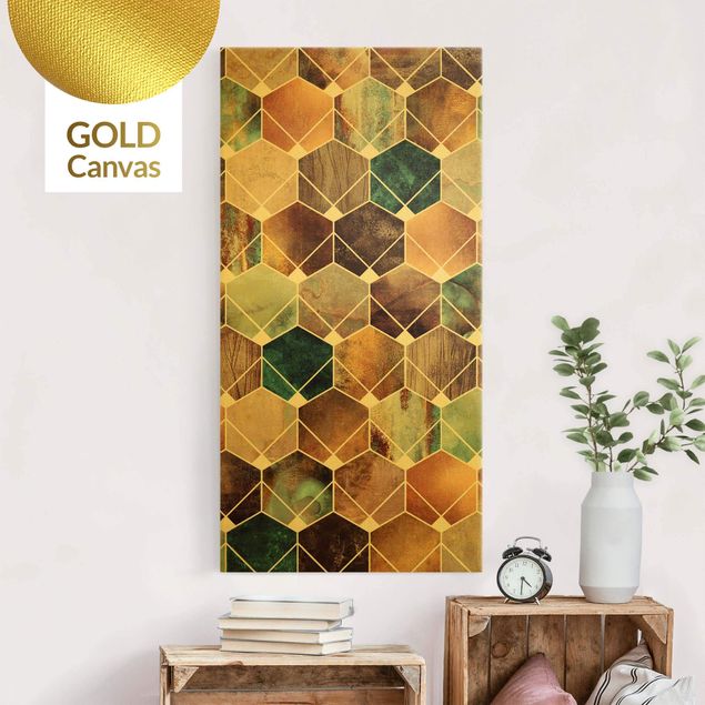 Leinwandbild Gold - Elisabeth Fredriksson - Goldene Geometrie - Türkises Art Deco - Hochformat 2:1
