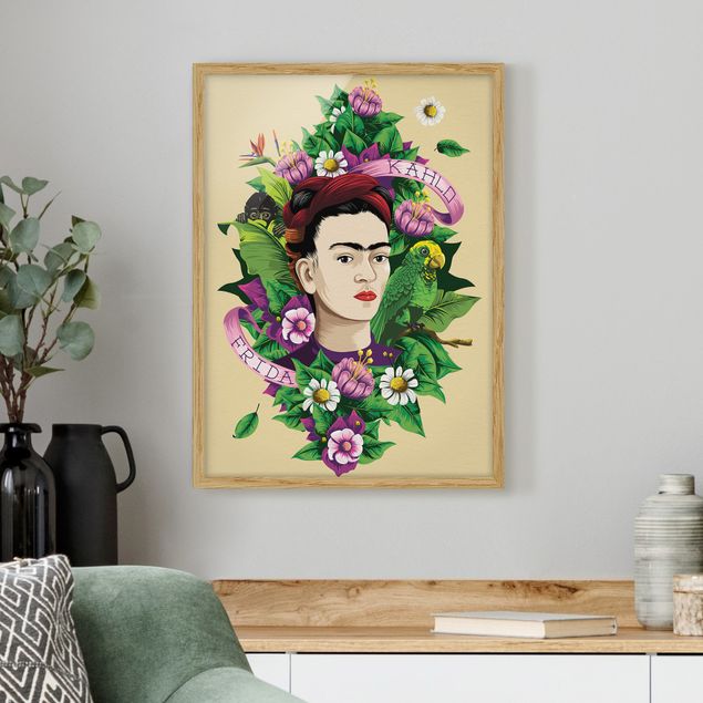 Sprüche Bilder mit Rahmen Frida Kahlo - Frida, Äffchen und Papagei
