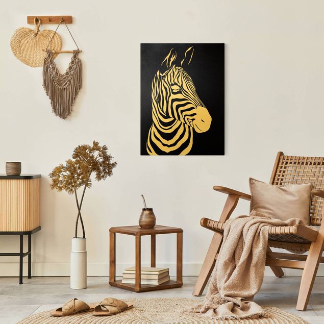 Leinwandbild Gold - Safari Tiere - Portrait Zebra Schwarz - Hochformat 3:4
