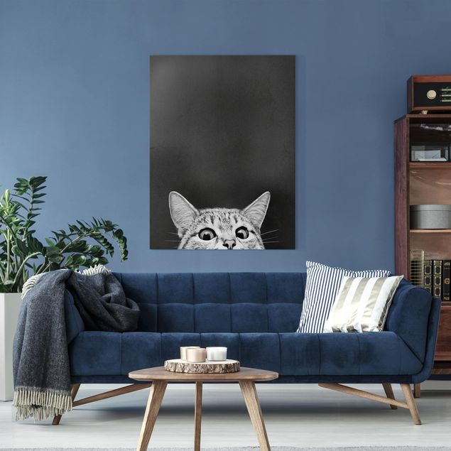 Leinwandbild - Illustration Katze Schwarz Weiß Zeichnung - Hochformat 4:3