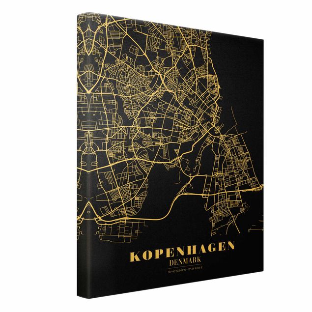 Leinwandbild Gold - Stadtplan Kopenhagen - Klassik Schwarz - Hochformat 4:3