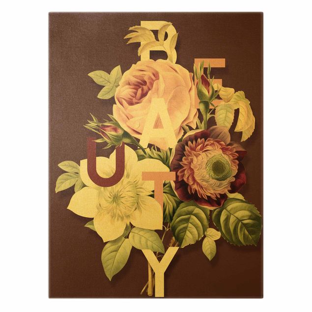 Leinwandbild Gold - Florale Typografie - Beauty - Hochformat 3:4