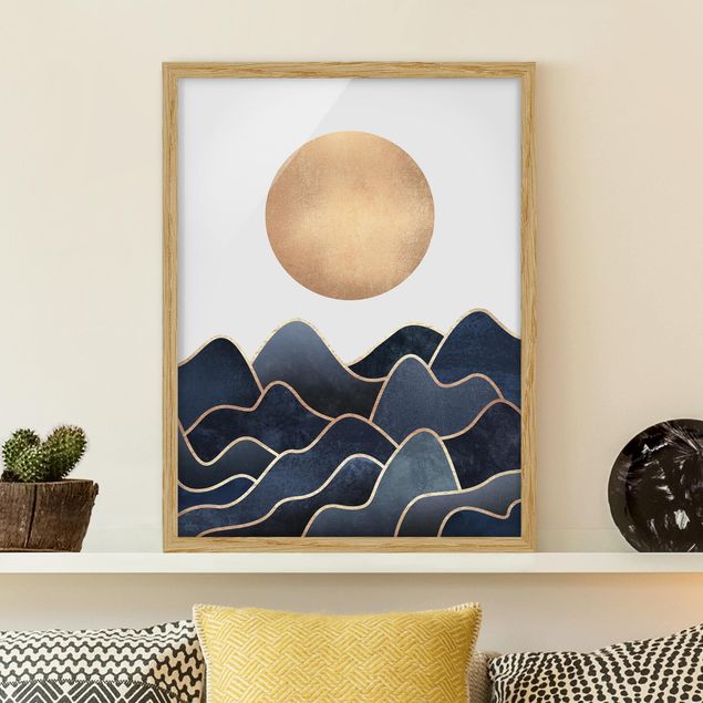 Moderne Bilder mit Rahmen Goldene Sonne blaue Wellen