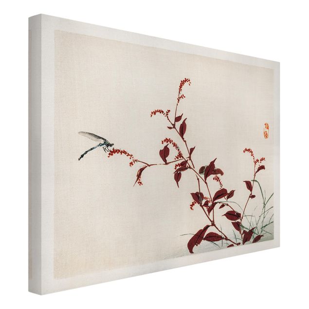 schöne Bilder Asiatische Vintage Zeichnung Roter Zweig mit Libelle