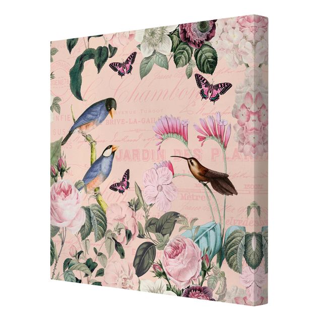 Leinwandbild - Vintage Collage - Rosen und Vögel - Quadrat 1:1