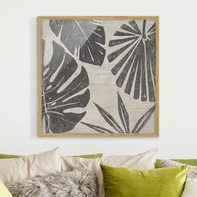 Moderne Bilder mit Rahmen Palmenblätter vor Hellgrau