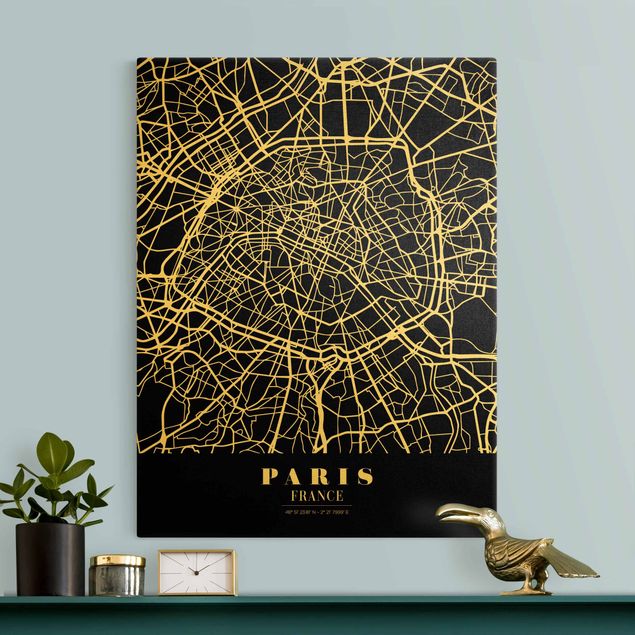 Leinwandbild Gold - Stadtplan Paris - Klassik Schwarz - Hochformat 3:4