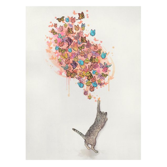 Leinwandbild - Illustration Katze mit bunten Schmetterlingen Malerei - Hochformat 4:3